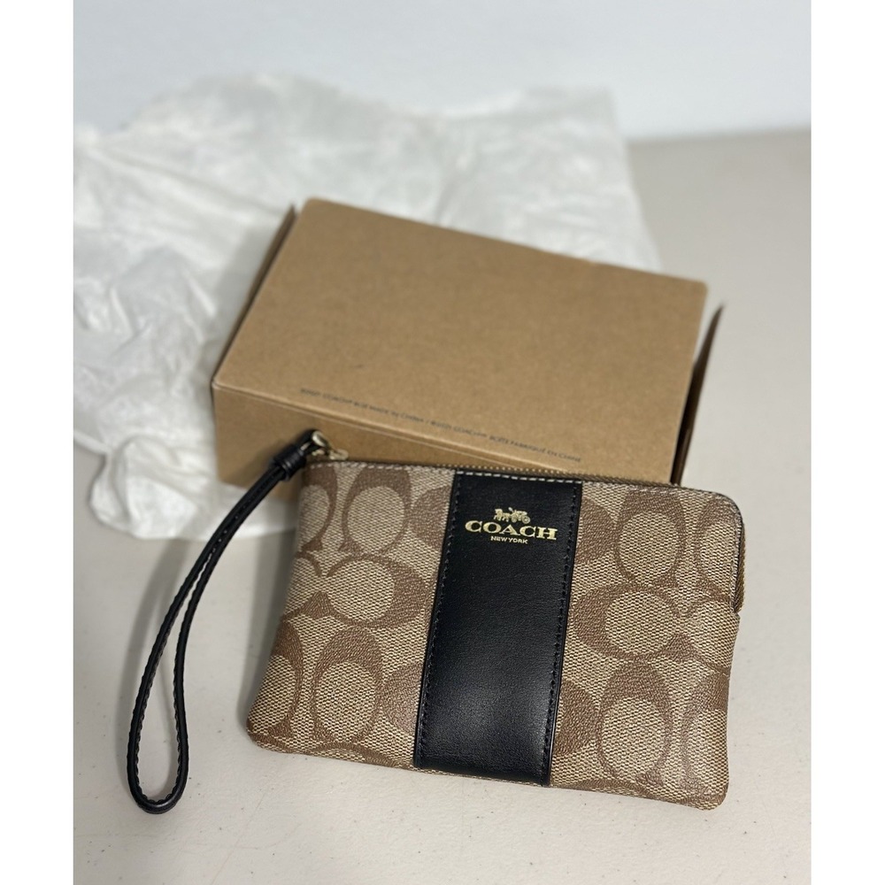Coach Corner Zip Wristlet Wallet in Signature Canvas with Stripe Brown Black NEW - Picture 6 of 9